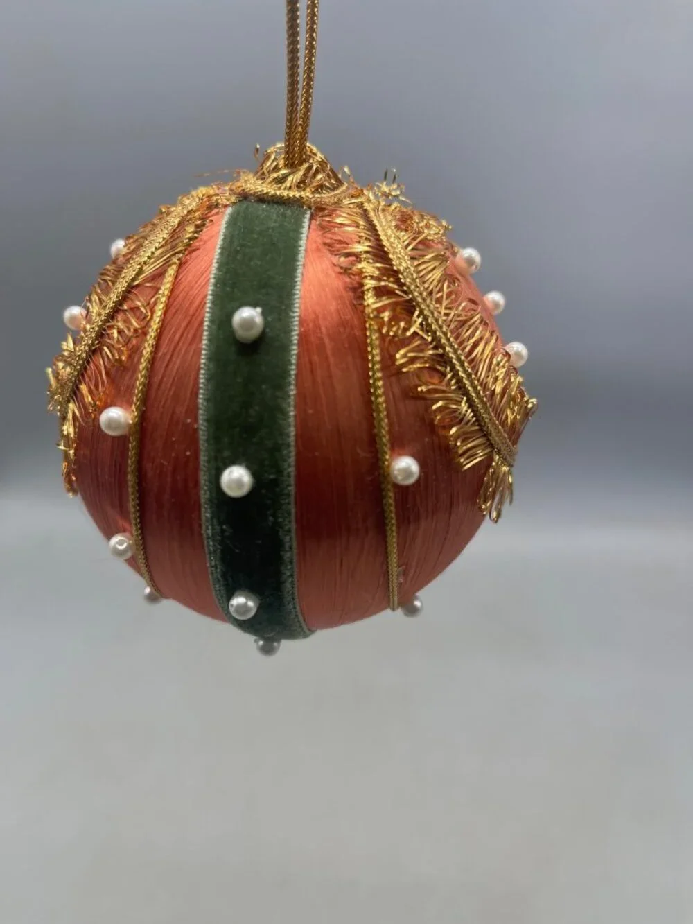 vintage set of 2 silk Christmas ornaments pink embellished green felt faux READ